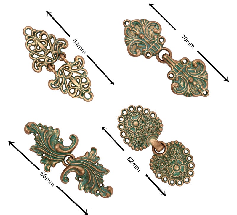 Bezelry Mixed Cloak Clasp in Copper Green Color. 4 Pairs in a Package. One Style a Pair. Sew On Hooks and Eyes Cardigan Clip. - Image 4